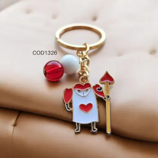 Llavero de carta roja con perlas roja y blanca